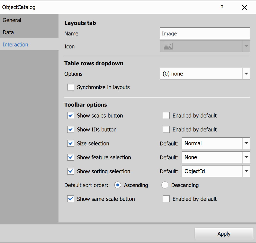 Object catalog dialog - Interaction
