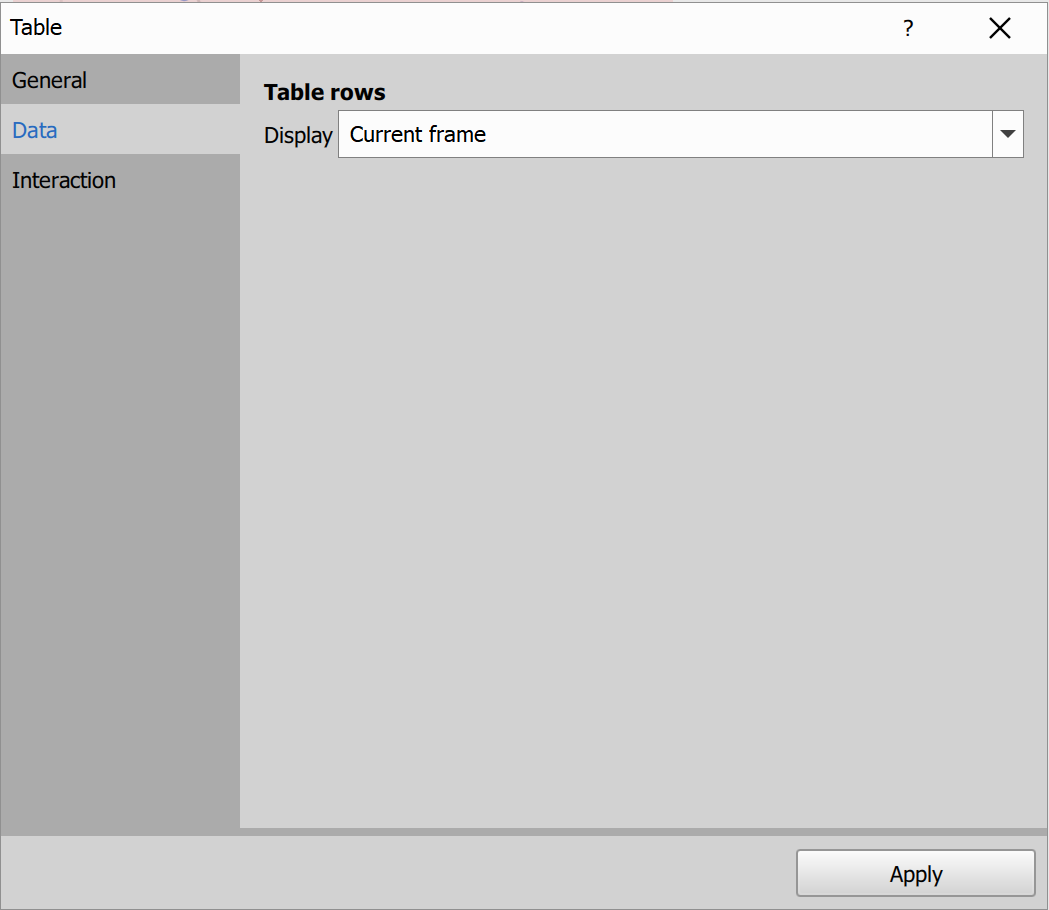 Table dialog - Data