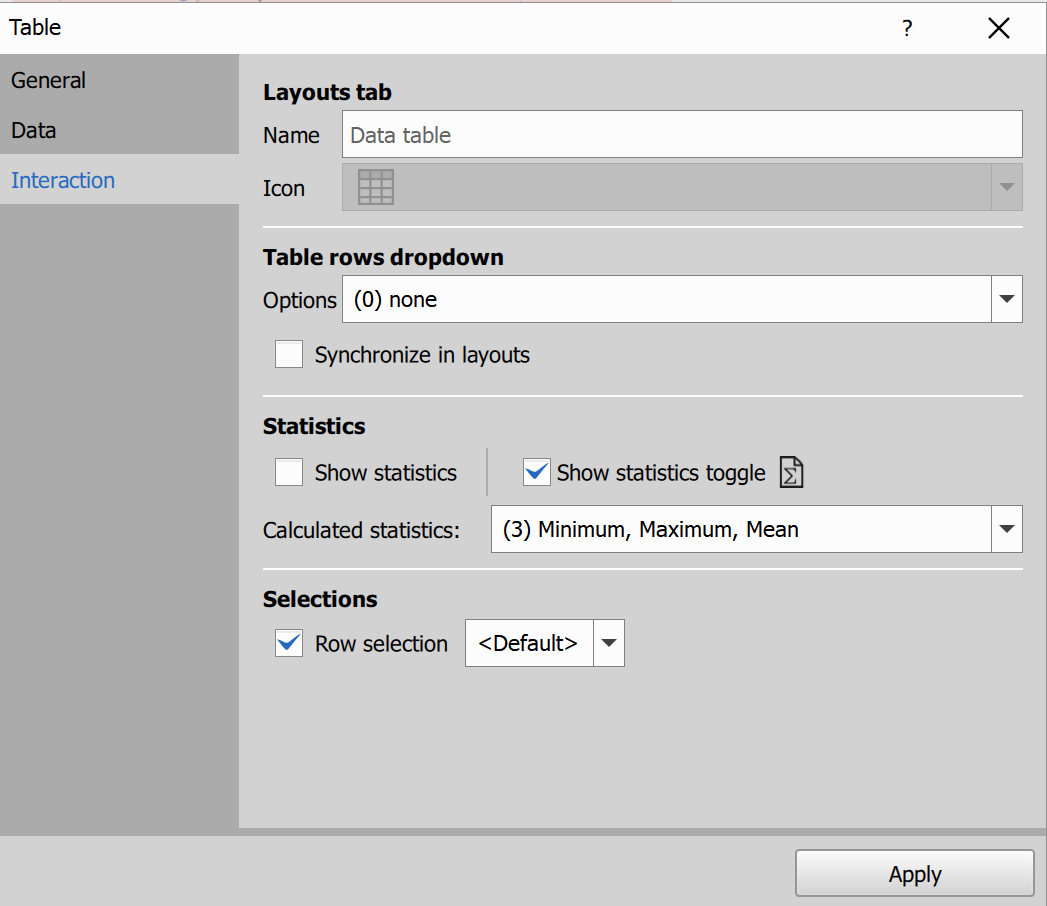 Table dialog - Interaction
