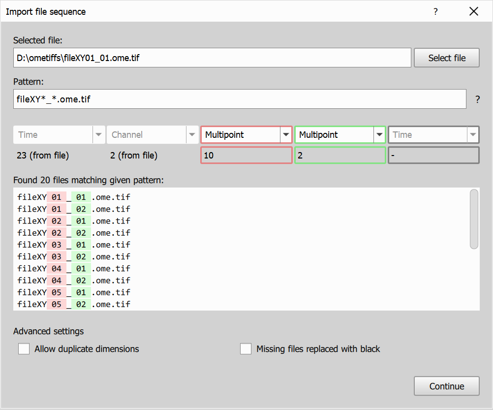 Import image sequence dialog - advanced example