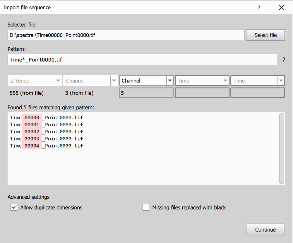Import image sequence dialog - advanced channel merge example